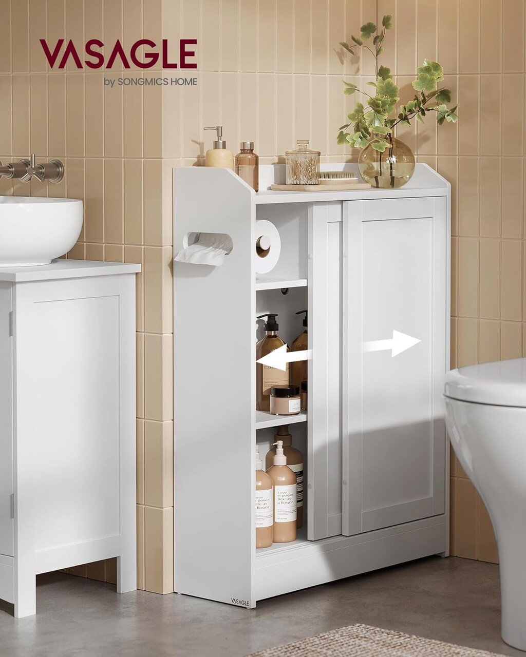 Dulap ingust de baie cu suport hartie igienica si compartiment perie toaleta, Vasagle, 60x20x80 cm, MDF/otel, alb nor - imagine 7